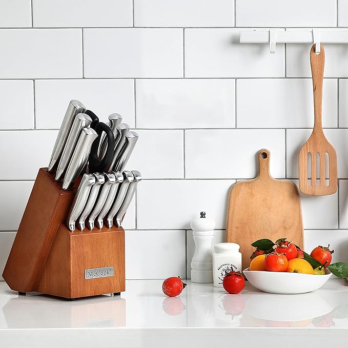 McCook짰 Knife Sets, German Stainless Steel Kitchen Knife Block Sets with Built-in Sharpener