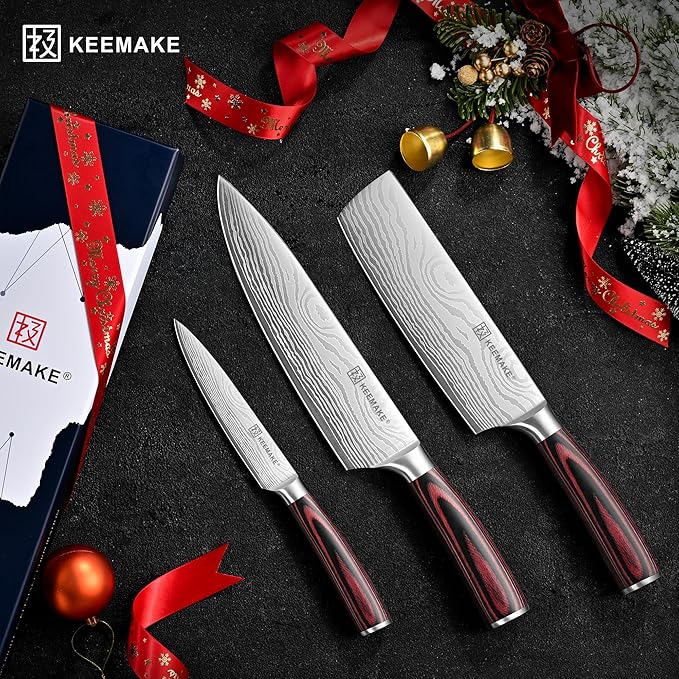 KEEMAKE Kitchen Knife Sets, 3 Pieces Professional Chef Knife Set with High Carbon Stainless Steel, Ultra Sharp Blade Kitchen Knives Sets with Ergonomic Pakkawood Handle & Gift Box