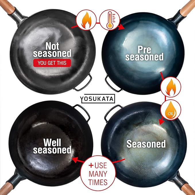 YOSUKATA 14??Round Bottom Carbon Steel Woks and Stir Fry Pans ??Unseasoned Pow Wok for Stir Fry, BBQ & Camping ??Hand-Hammered Traditional Japanese and Chinese Pan ??Gas Stove, Open Fire Only