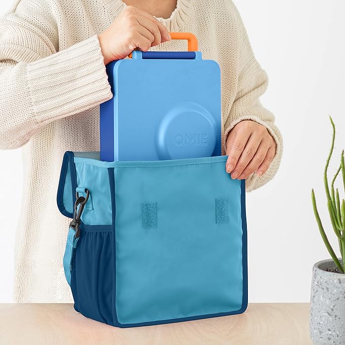Omie OmieBox Lunch Bag - Washable, Foldable, Durable, WaterResistant Fabric with Interior Pocket and External Bottle Holder (Blue)