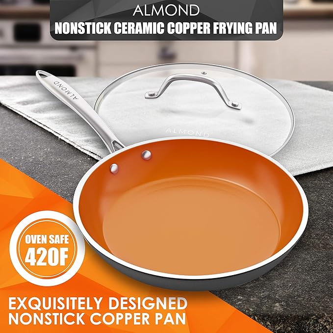 Almond Nonstick Ceramic Copper Frying Pan: Non Stick 8 Inches Skillet With Glass Lid - Round Aluminum Saute Pan for Gas, Electric and Induction Cooktops (8 Inch)