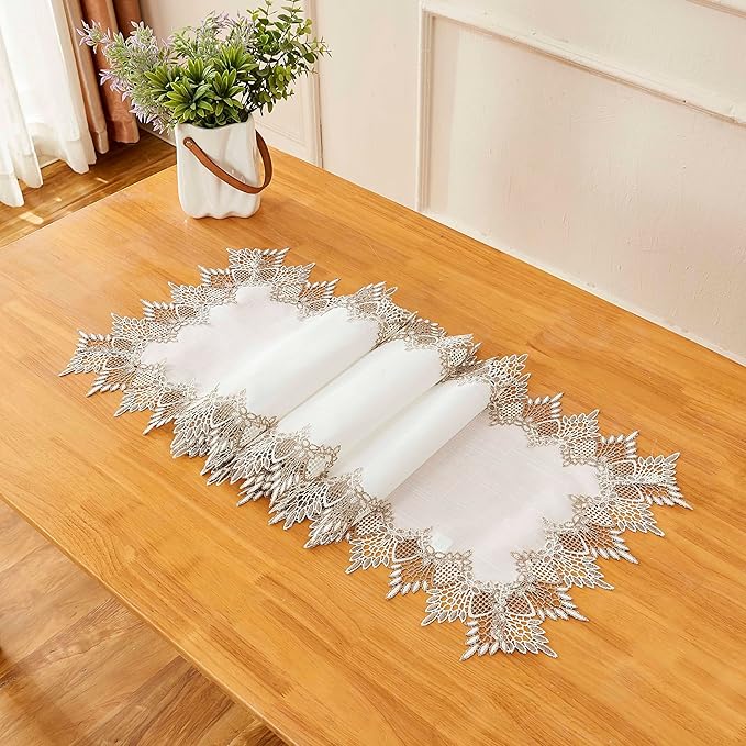 Raedan White Linen Table Runner 72 inches Long, Neutral Earth Tones Beige Lace Vinyl Dresser Scarf for Kitchen Coffee Table Wedding Party Home Decor (White, 16?쓝72??