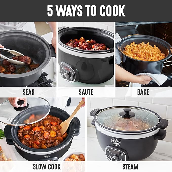 GreenLife 8QT Slow Cooker, Non-Toxic PFAS-Free Ceramic Nonstick Removable Interior Bowl, Programmable, Family Friendly, Keep Warm, Stovetop & Oven Safe, Dishwasher Safe Crock, Timer, Glass Lid, Black