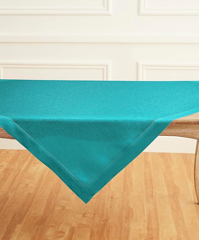 Solino Home Linen Square Tablecloth 52 x 52 Inch - 100% Pure Linen Teal Table Throw - Classic Hemstitch, Machine Washable Table Cloth