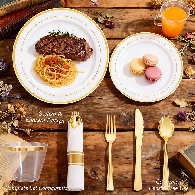 Elegant Wedding Disposable Plates Gold Dinnerware Sets for 25 or 50 Guests for Reception (175)