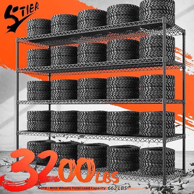 3200LBS Storage Shelves Wire Shelving with Wheels,Adjustable Garage Shelving Heavy Duty Steel Metal Shelving Unit Shelf Rack for Warehouses,Garage,Kitchen,School,Commercial,73" H X 60?쓂 X 18" D