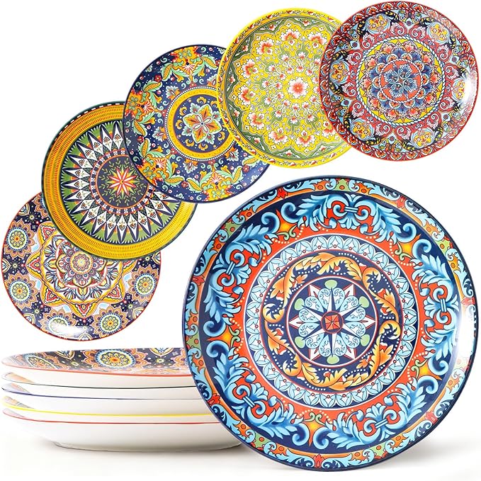 6-Piece Bohemian Dinner Plate Set, 10-Inch Large Plates, Suitable for Salad, Fruit, Pasta, and Main Courses, Party Tableware Set, Dishwasher and Microwave Safe