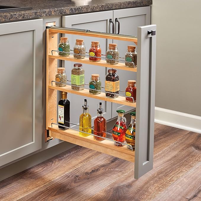 Rev-A-Shelf 6" Pull Out Shelf Organizer for Between Base Kitchen Cabinets, Adjustable Filler Spice Rack Seasoning Storage Holder, Wood, 438-BC-6C