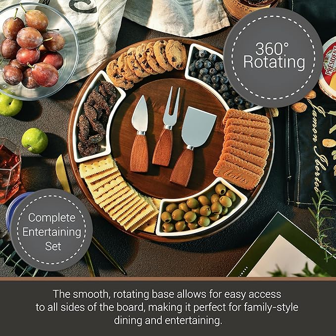 Shanik Acacia Wood Lazy Susan Cheese Board ??Rotating Serving Platter for Cheese, Charcuterie, Appetizers, and Snacks, Entertaining, Parties, and Family Gatherings