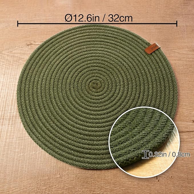 Round Placemats, Set of 4, Handmade by Braided Cotton Cord for Kitchen and Dining Table, Dia. 12.6 Inch, Doublesided, Heat Resistant, Green