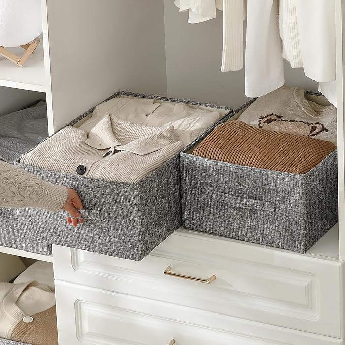 Linen Folding Storage Bins, 3 Pack Large Storage Baskets, Washable, Clothing Storage Bins with Handle, Closet Organizer for Storage Sweater,Sheets(dark grey, 18쩍"x13쩍"x8쩍")