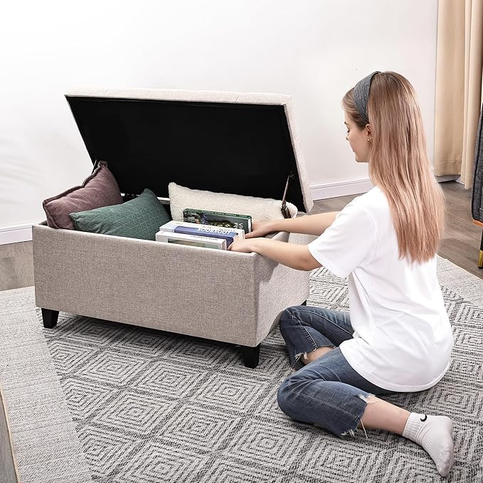 Asense Rectangular Lift Top Storage Ottoman Bench Footrest, Large Space (Linen-Beige)