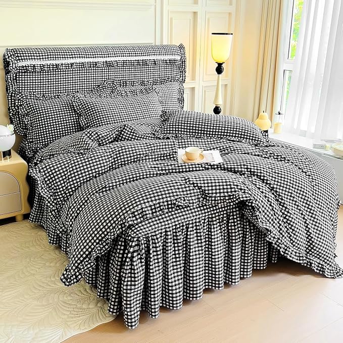 LifeTB Queen Comforter Set Black Gingham Comforter Vintage Ruffle Checkered Pattern Comforter Set Boho Grid Plaid Bedding Comforter Fluffy Soft Chic Gingham Bedding Set Queen Size for All Season