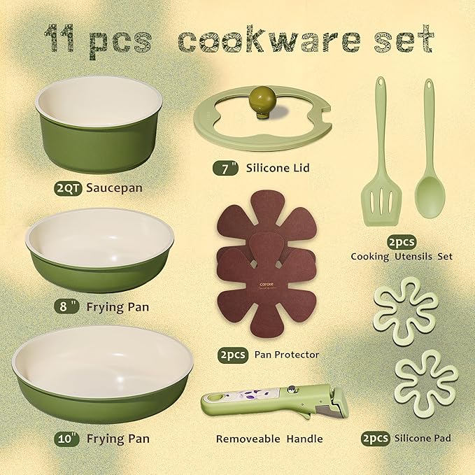 CAROTE 11pcs Ceramic Cookware Set, Pots and Pans Set Non stick, Induction Kitchen Cookware with Removable Handle, Dishwasher & Oven Safe, RV/Camping Cookware, PFOA Free, Green