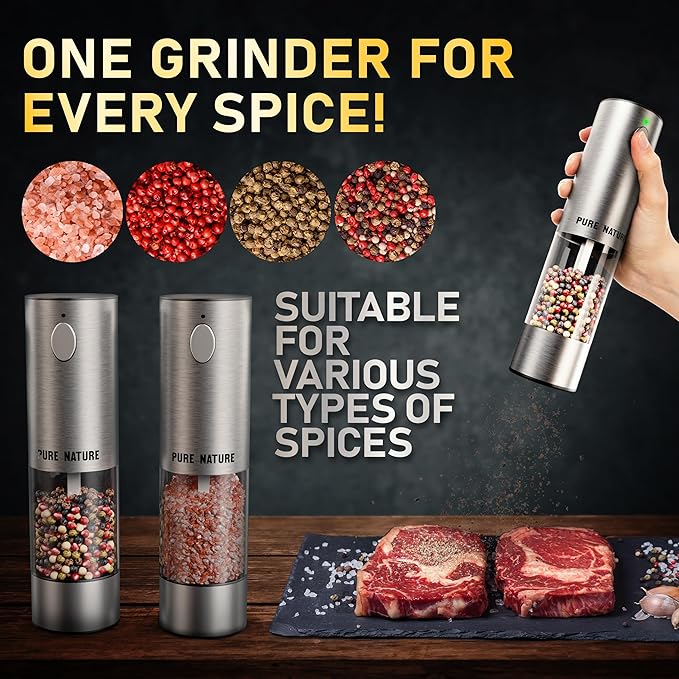 Pure Nature Electric Salt and Pepper Grinder Set with Rechargeable Base ??Stainless Steel, Large Capacity, LED Light, 5 Adjustable Coarseness Levels, Refillable, Type-C Fast Charging