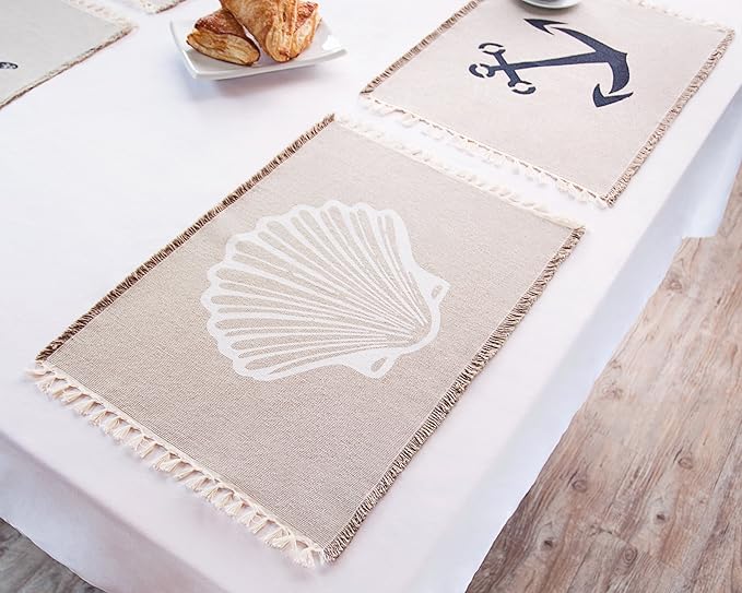 Living Fashions Table Placemats Set Of 4 - Beach Themed Nautical Kitchen Placemats For Dining Table - 100% Washable Cotton Place Mat- Seashell, Sand Dollar, Starfish & Anchor Designs With Fringes