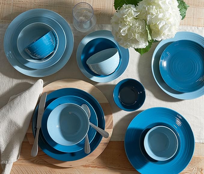 Sango Siterra Artist's Blend 16-Piece Stoneware Dinnerware Set ??Service for 4, Ocean Blue Glossy Glaze with Unique Speckled Design, for Everyday Dining & Entertainment, Microwave & Dishwasher Safe