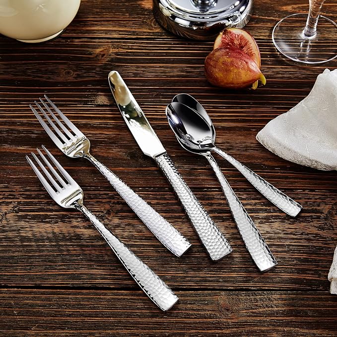 KEAWELL Premium 20/45/65 Piece Louis Hammered Silverware Set with Squared Edge, 18/10 Stainless Steel, Service for 4/8/12, Fine Flatware Set, Dishwasher Safe (65)