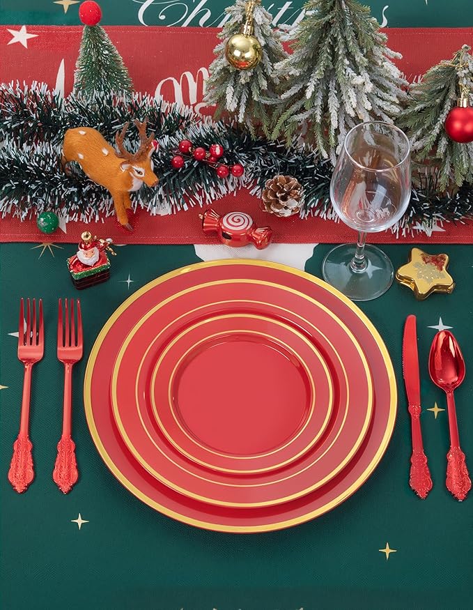 WDF 25PCS Red Plastic Charger Plates - 12inch Red and Gold Chargers for Dinner - Disposable Charge Plates - Perfect for Valentine's Day/Party/Elegant Tabletop Decor