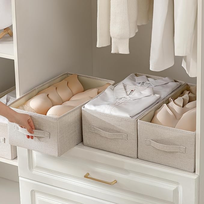 Linen Folding Storage Bins, 3 Pack Large Storage Baskets, Washable, Clothing Storage Bins with Handle, Closet Organizer for Storage Sweater,Sheets (Beige, 16"x9쩍"x6쩐")