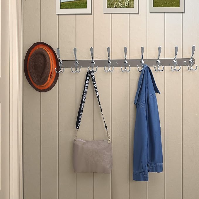 Dseap Coat Rack Wall Mount - 38??Long 10-Tri-Hooks Heavy Duty Coat Hanger Rail Wall Hooks for Hanging Coats Hats Clothing Clothes Purse Mudroom Entryway, Chromed