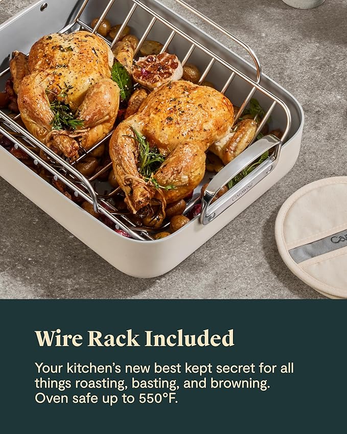 Caraway Roasting Pan - 16x13??Roasting Pan with Rack - Non-Stick Ceramic Coated - Non Toxic, PTFE & PFOA Free - Oven Safe & Compatible with All Stovetops - Perracotta
