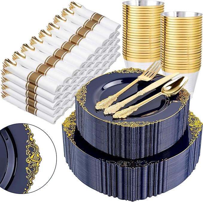 Nervure 350Pcs Blue Plastic Plates - Blue Gold Plastic Dinnerware Sets for 50 Guests - 100 Gold Disposable Plates, 50 Pre Rolled Silverware, 50 Cups Perfect for Wedding & Party & Independence