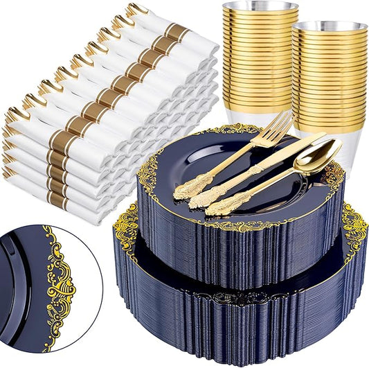 Nervure 350Pcs Blue Plastic Plates - Blue Gold Plastic Dinnerware Sets for 50 Guests - 100 Gold Disposable Plates, 50 Pre Rolled Silverware, 50 Cups Perfect for Wedding & Party & Independence