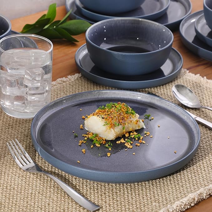 Gibson Elite Tahoe Sunset 12-Piece Reactive Stoneware Dinnerware Set ??Matte Exterior & Shiny Interior Plates and Bowls, Durable Everyday Dish Set, Microwave & Dishwasher Safe - Blue