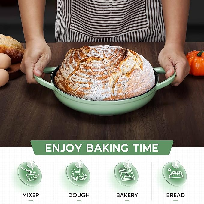E-far Dutch Oven for Sourdough Bread Baking, 6 Qt Round Enameled Cast Iron Dutch Oven for Homemade Artisan Bread, Dome Lid & Shallow Base, Matte Black Interior & Durable, Oven-Safe to 500?? Green