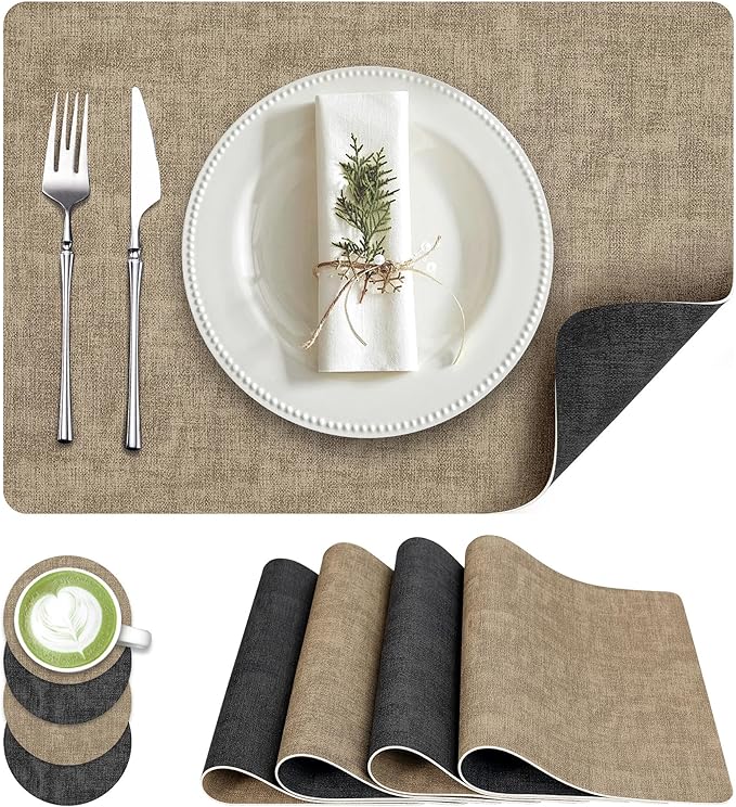 Fyvva Placemats Set of 4, Faux Leather Heat Resistant Wipeable Placemats, Dual Sided Waterproof Washable Table Mats with Coaster, Suitable for Kitchen, Dining, Table Decor (4, Black Light Coffee)