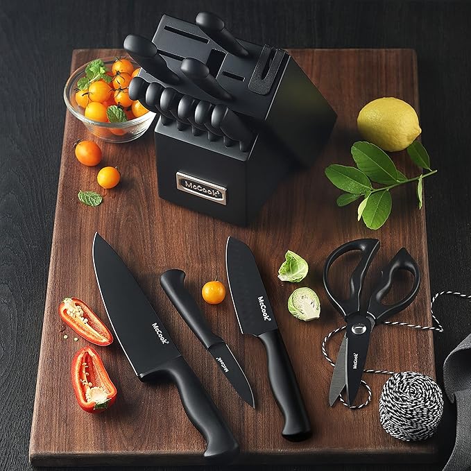McCook짰 Knife Sets,German Stainless Steel Knife Block Sets with Built-in Sharpener, Black