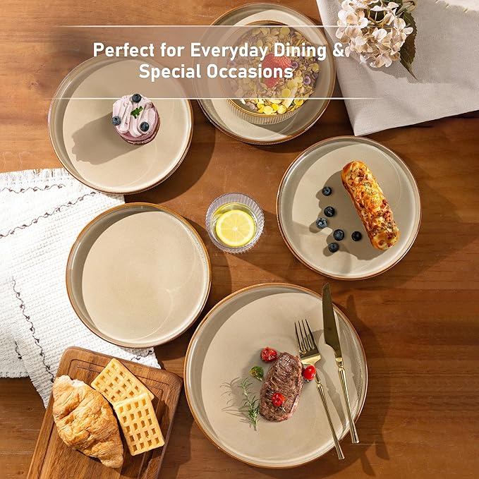 GBHOME Stoneware Dinnerware Sets for 4,Round Reactive Glaze Ceramic Plates and Bowls Set,Highly Scratch Resistant | Dishwasher & Microwave Safe Dishes Set,Service for 4(12Pcs),Barley Latte