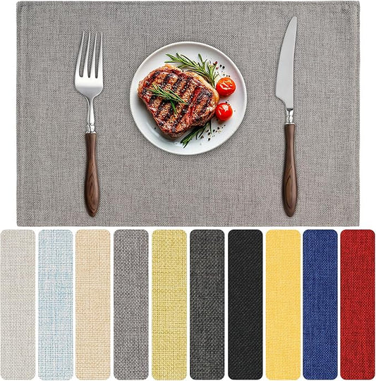 Blue Forest Placemats Set of 8, Dual-Layered Thickened Faux Linen Table Mats Heat Resistant Machine Washable Wrinkle Free Place Mats for Kitchen Dining Outdoor/Indoor (Light Grey)