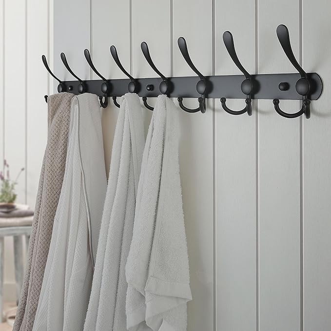 Dseap Coat Rack Wall Mount - 29.5??Long 8-Tri-Hooks Heavy Duty Coat Hanger Rail Wall Hooks for Hanging Coats Hats Clothing Clothes Purse Mudroom Entryway, Black