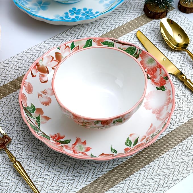 White & Blue Floral Porcelain Dinnerware Set, 14-Piece Plates & Bowls Sets, Microwave & Dishwasher Safe, Elegant Gift Packaging