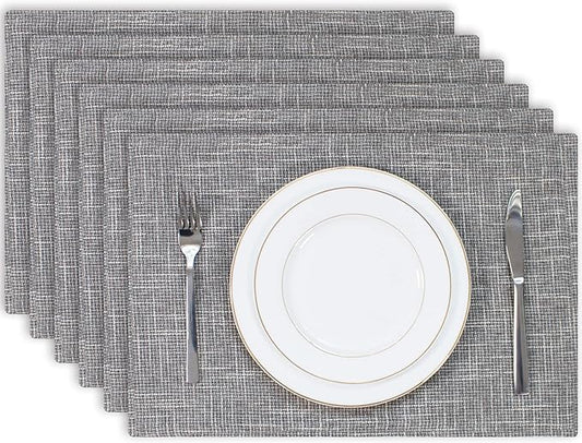 Kevin Textile Burlap Linen Placemats Set of 6 Heat Resistant Dining Table Place Mats Washable Kitchen Table Mats for Dinning Party Holiday Indoor Outdoor, 13 x19 inches, Light Grey
