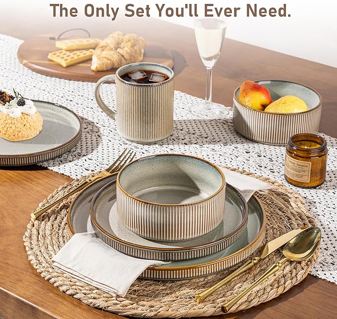 GBHOME Stoneware Dinnerware Sets for 6,Round Reactive Glaze Ceramic Plates and Bowls Set,Highly Chip and Crack Resistant | Dishwasher & Microwave Safe Dishes Set,Service for 6(18Pcs)