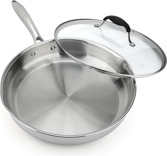 AVACRAFT 18/10 12 Inch Stainless Steel Frying Pan with Lid, Side Spouts, Induction Pan, Versatile Stainless Steel Skillet, Fry Pan in our Pots and Pans (Tri-Ply Stainless Steel, 12 Inch)
