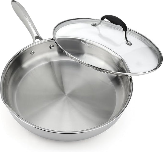 AVACRAFT 18/10 12 Inch Stainless Steel Frying Pan with Lid, Side Spouts, Induction Pan, Versatile Stainless Steel Skillet, Fry Pan in our Pots and Pans (12 inch)