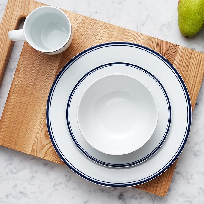 Amazon Basics 16-Piece Cafe Stripe Kitchen Dinnerware Set, Plates, Bowls, Mugs, Service for 4, Blue