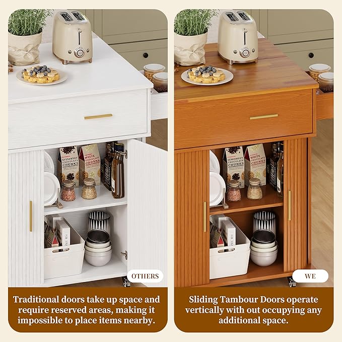 DHH Rolling Kitchen Island with Drop Leaf Countertop&Ample Storage - 39.4" Small Mobile Kitchen Cart On Wheels with Sliding Door,Drawers,Spice Rack & 2-Tier Storage (Yellow Walnut)