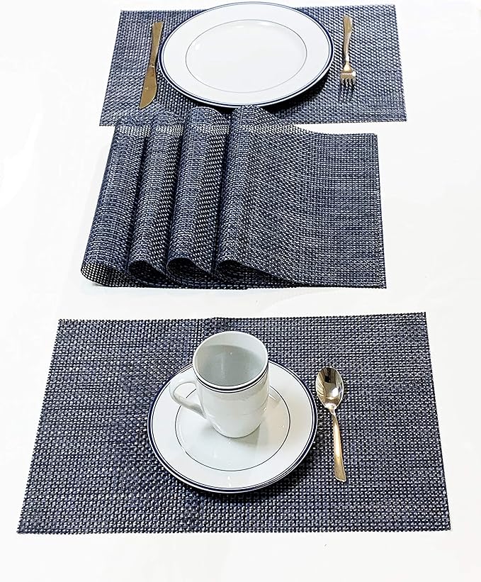 Jutemill Set of 12 Navy PVC Vinyl Woven Place mats, 12" x 18 inches Heat Insulation Stain Resistant Placemats for Dining Table Durable Cross Weave Woven Vinyl Kitchen Table Mats Placemat (Solid Navy)