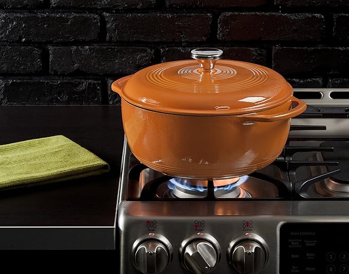 Lodge 6 Quart Enameled Cast Iron Dutch Oven with Lid ??Dual Handles ??Oven Safe up to 500째 F or on Stovetop - Use to Marinate, Cook, Bake, Refrigerate and Serve ??Pumpkin