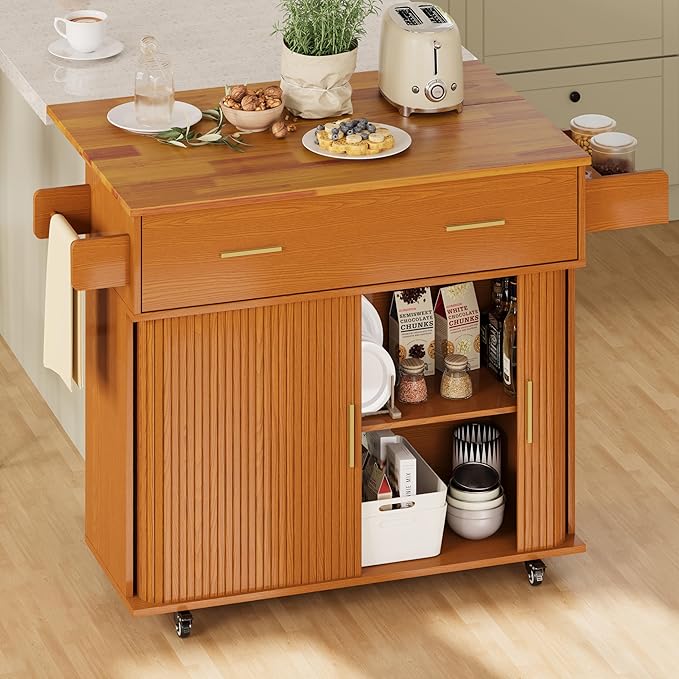 DHH Rolling Kitchen Island with Drop Leaf Countertop&Ample Storage - 39.4" Small Mobile Kitchen Cart On Wheels with Sliding Door,Drawers,Spice Rack & 2-Tier Storage (Yellow Walnut)