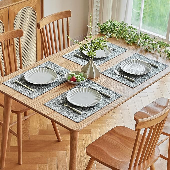 Softalker Faux Linen Placemats Set of 8-12 x 18 Inch, Heat Resistant Double Layered Durable Burlap Farmhouse Place Mats, Non-Slip Washable Rustic Table Mats for Dining, Kitchen, Party竊뉯sh Grey