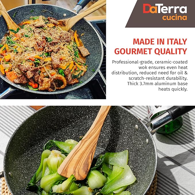 DaTerra Cucina - Nonstick Ceramic Wok with Lid - Made in Italy - High Heat Resistant Nonstick Cookware - Oven Safe, PTFE, Cadmium, Lead & PFOA free - Volcanic Black Speckled 13