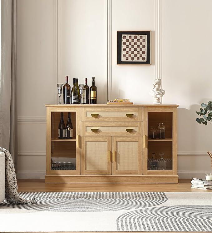 58.27'' Buffet Cabinet with 2 Drawers and Adjustable Shelves,Large Glass Door Coffee Bar Cabinet,Modern Farmhouse Sideboard Credenza for Kitchen,Natrual