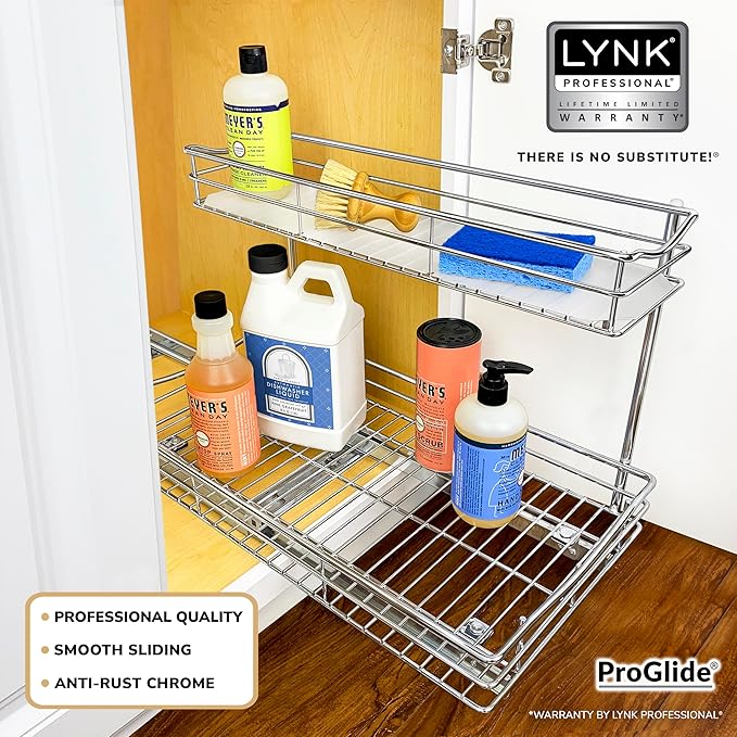 LYNK PROFESSIONAL짰 Pull Out Under Sink Kitchen Cabinet Organizer - 11.5 in. x 18 inch deep Drawer - Sliding Shelf Organizer for Cabinets and Undersink Storage Shelves - Lifetime Ltd. Warranty ??Chrome