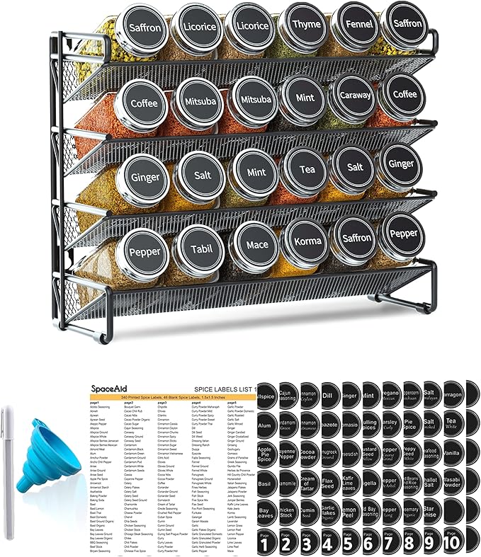 SpaceAid Spice Rack Organizer with 24 Spice Jars, 386 Spice Labels, Chalk Marker and Funnel Set for Cabinet, Countertop, Pantry, Cupboard or Door & Wall Mount -24 Jars, 11.8" W 횞 10.8" H, Black